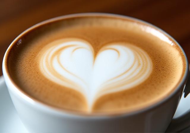 A close-up of a perfectly poured latte art heart